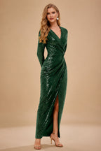 Rutipo Hunter Green Sheath/Column V-Neck Long Sleeves Ankle-Length Sequined Evening Dresses