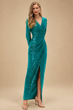 Rutipo Jade Sheath/Column V-Neck Long Sleeves Ankle-Length Sequined Evening Dresses