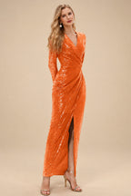 Rutipo Orange Sheath/Column V-Neck Long Sleeves Ankle-Length Sequined Evening Dresses