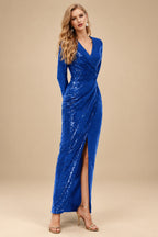 Rutipo Royal Blue Sheath/Column V-Neck Long Sleeves Ankle-Length Sequined Evening Dresses
