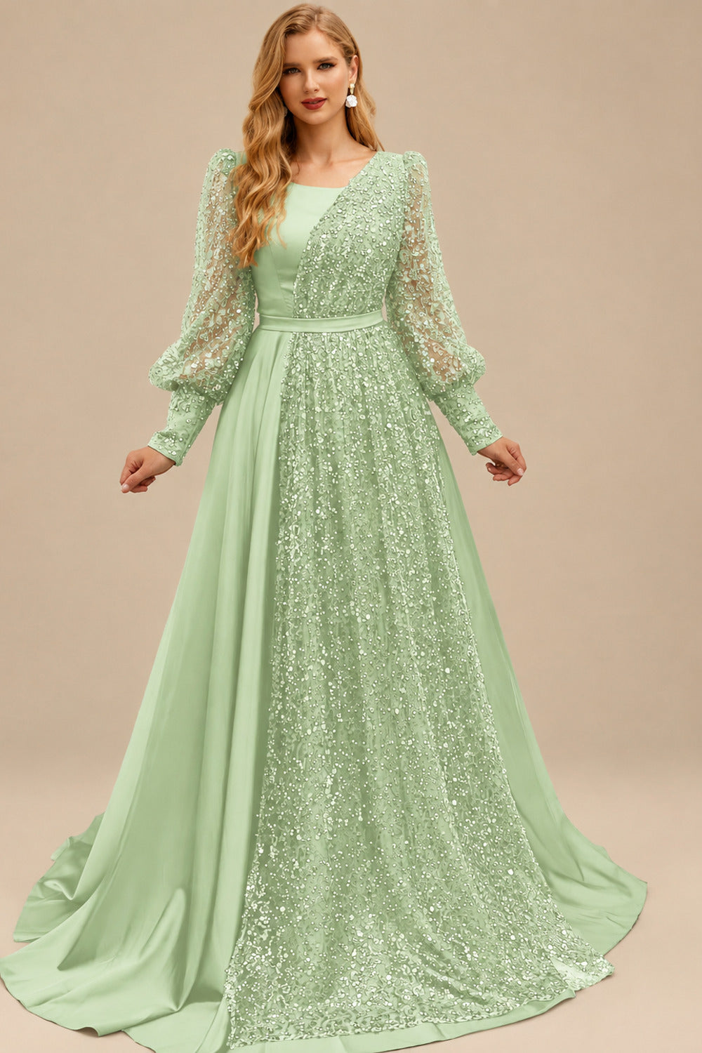 Rutipo Celadon Square Neckline Long Sleeves Sequined A-Line Evening Dresses