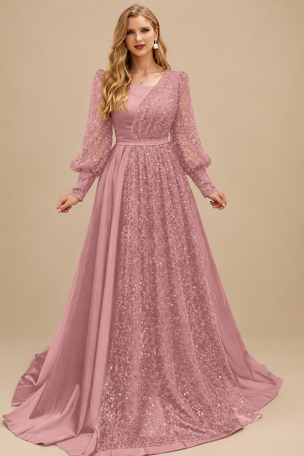 Rutipo Dusty Rose Square Neckline Long Sleeves Sequined A-Line Evening Dresses