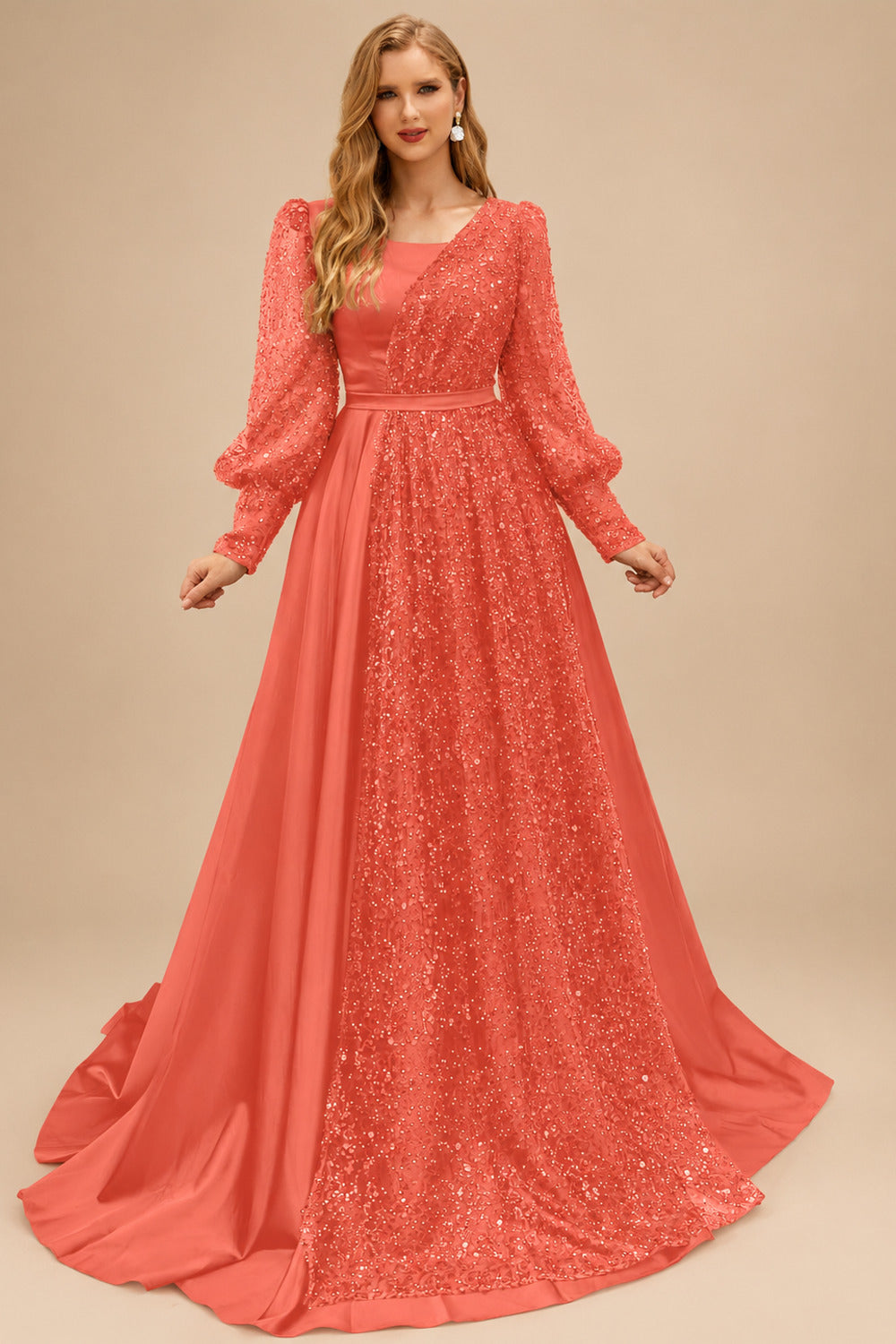 Rutipo Papaya Square Neckline Long Sleeves Sequined A-Line Evening Dresses