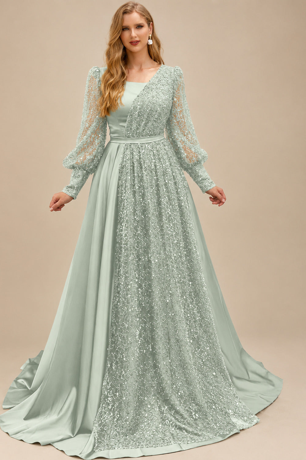 Rutipo Sage Green Square Neckline Long Sleeves Sequined A-Line Evening Dresses