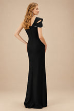 Rutipo Black Flattering Bedazzled One-Shoulder Cap Straps Evening Dress With Split Front