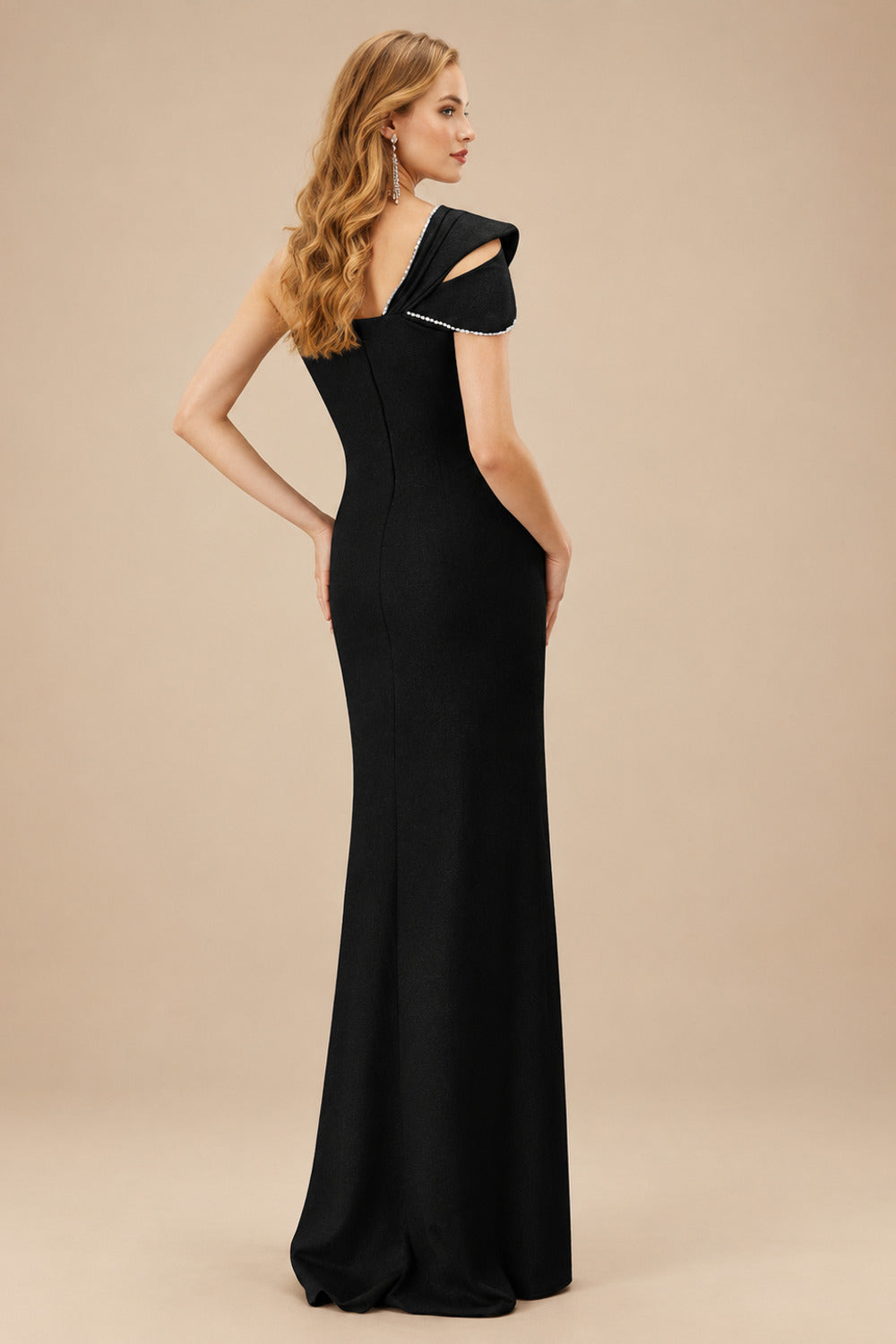 Rutipo Black Flattering Bedazzled One-Shoulder Cap Straps Evening Dress With Split Front