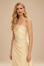 Rutipo Champagne Flattering Bedazzled One-Shoulder Cap Straps Evening Dress With Split Front