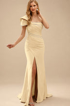 Rutipo Champagne Flattering Bedazzled One-Shoulder Cap Straps Evening Dress With Split Front