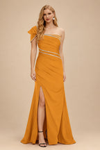 Rutipo Orange Flattering Bedazzled One-Shoulder Cap Straps Evening Dress With Split Front