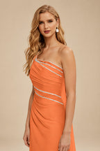 Rutipo Orange Flattering Bedazzled One-Shoulder Cap Straps Evening Dress With Split Front