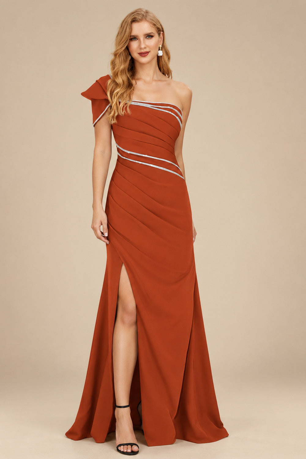 Rutipo Terracotta Flattering Bedazzled One-Shoulder Cap Straps Evening Dress With Split Front
