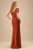 Rutipo Terracotta Flattering Bedazzled One-Shoulder Cap Straps Evening Dress With Split Front