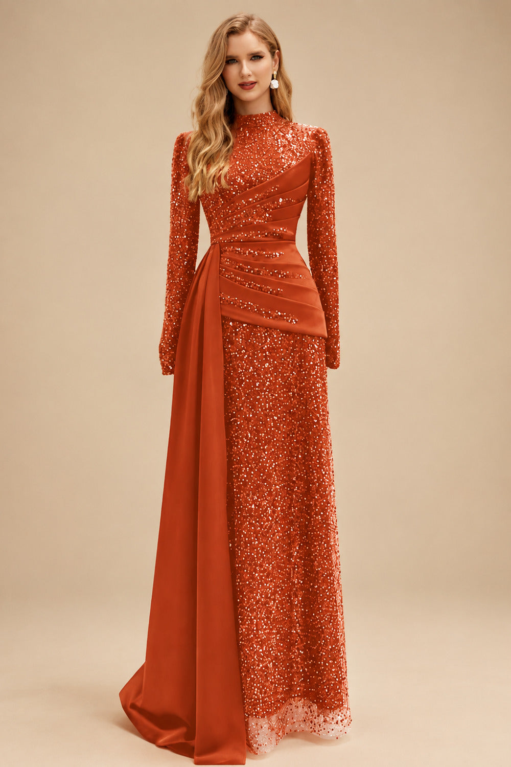 Rutipo Burnt Orange A-Line High Neck Long Sleeves Sweep Train Sequined Evening Dresses