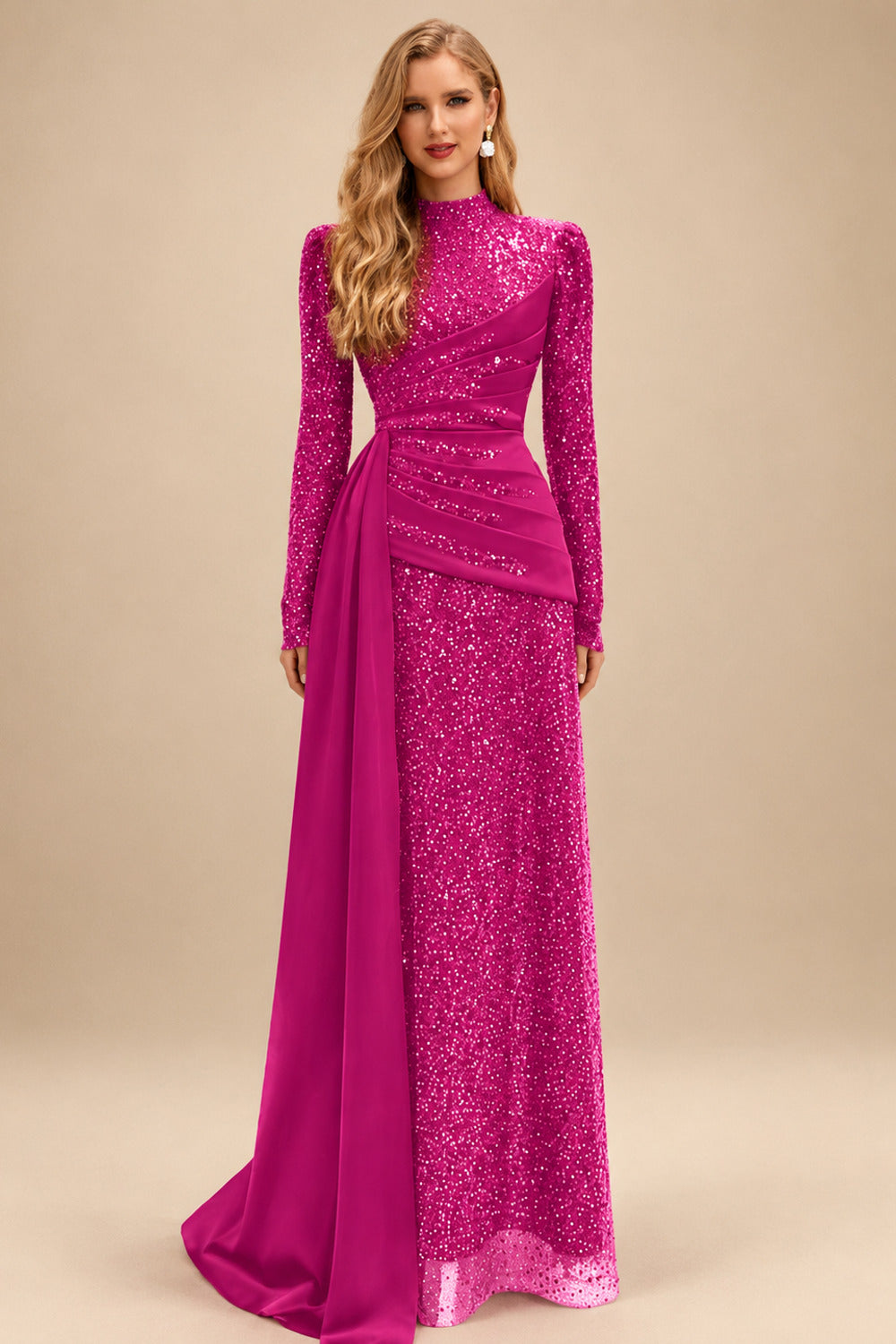Rutipo Fuchsia A-Line High Neck Long Sleeves Sweep Train Sequined Evening Dresses