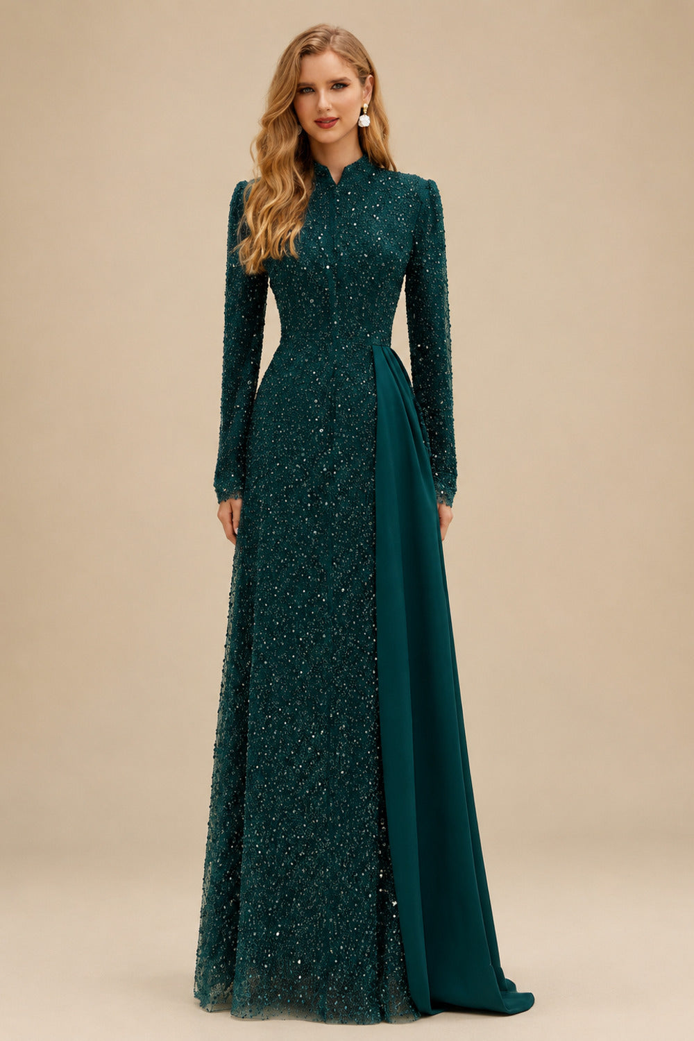 Rutipo Peacock A-Line High Neck Long Sleeves Sweep Train Sequined Evening Dresses