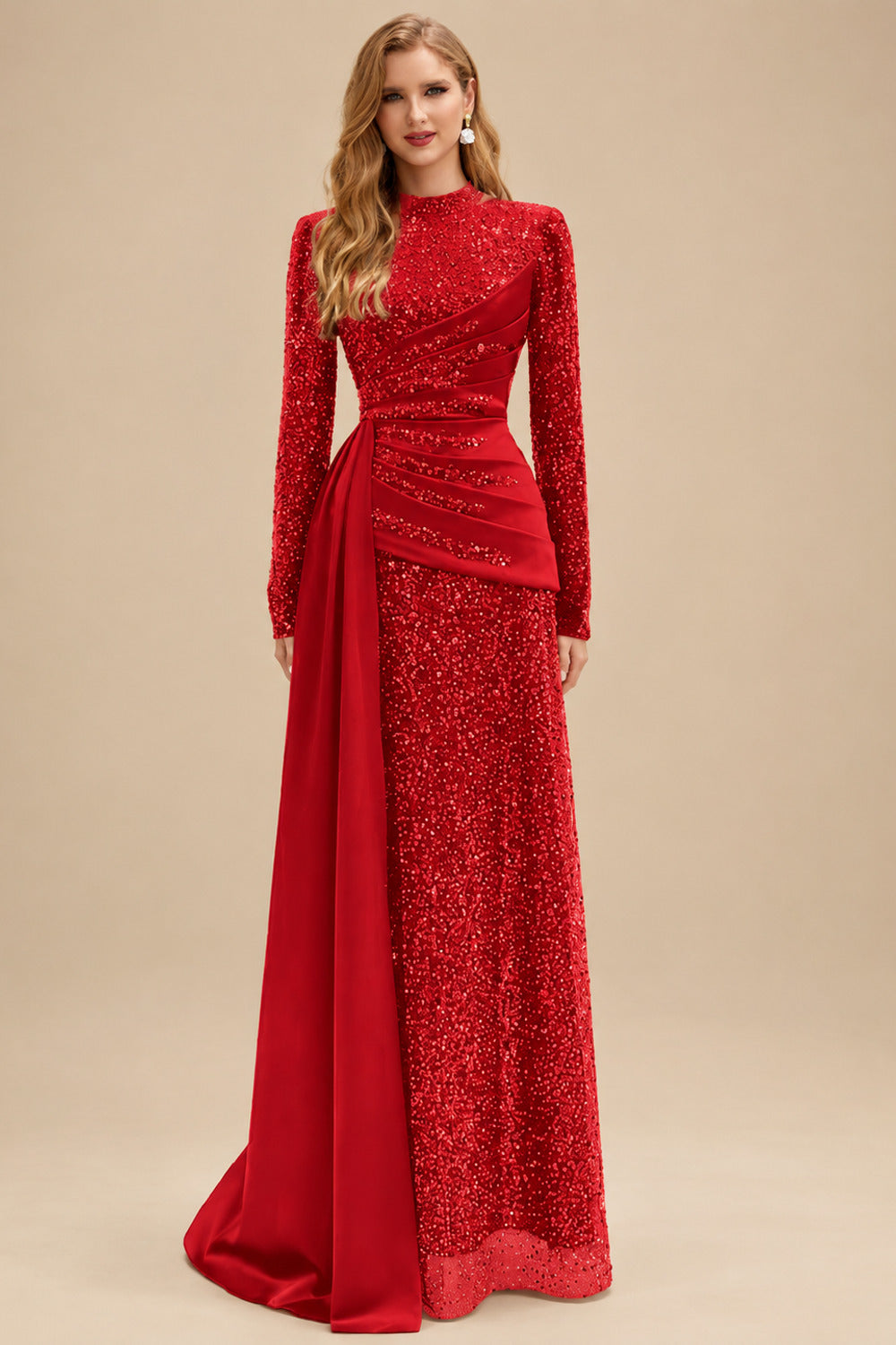 Rutipo Red A-Line High Neck Long Sleeves Sweep Train Sequined Evening Dresses