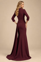 Rutipo Burgundy V-Neck Sleeves High Waist Elastic Satin Sheath/Column Evening Dresses