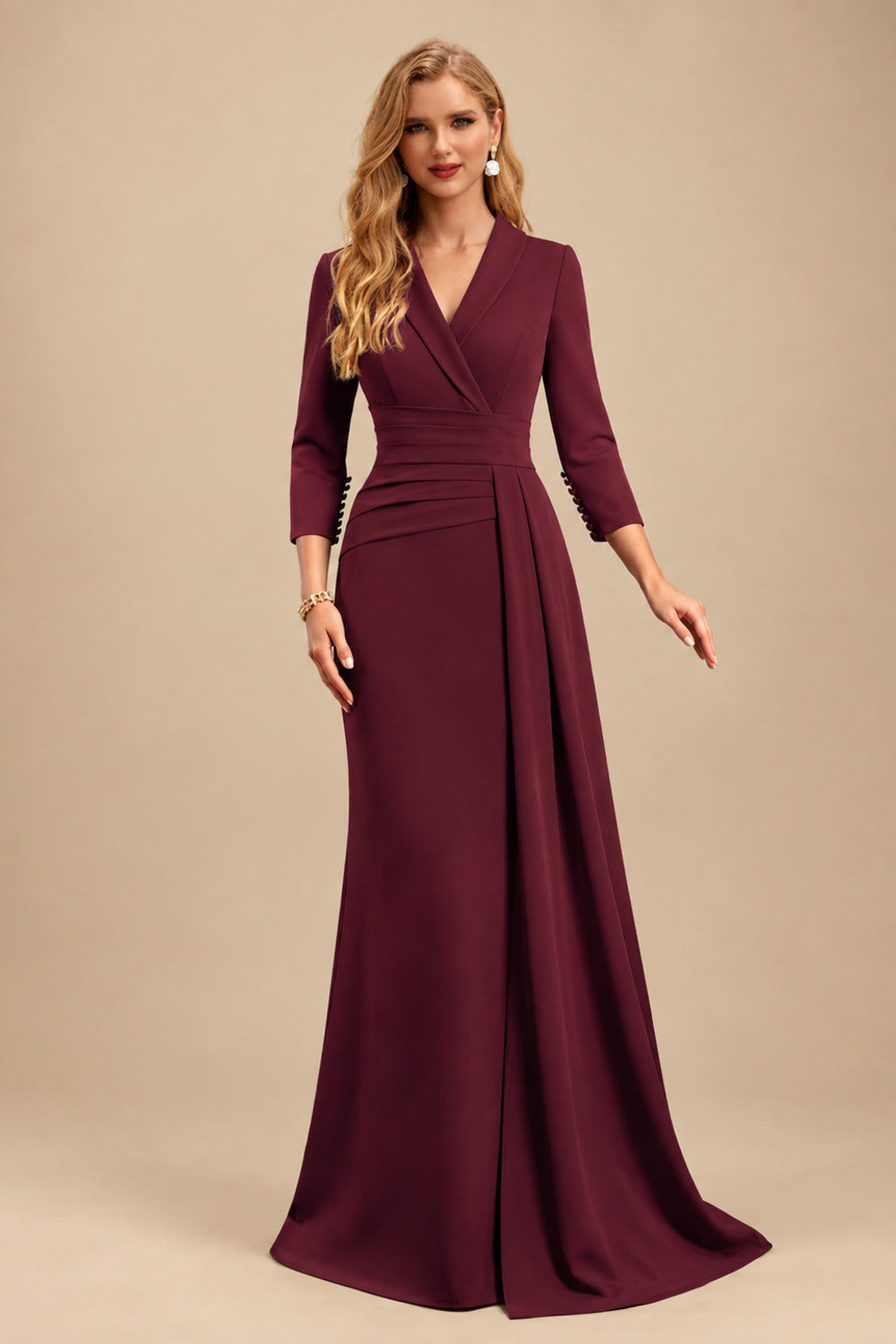 Rutipo Burgundy V-Neck Sleeves High Waist Elastic Satin Sheath/Column Evening Dresses