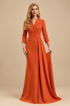 Rutipo Burnt Orange V-Neck Sleeves High Waist Elastic Satin Sheath/Column Evening Dresses