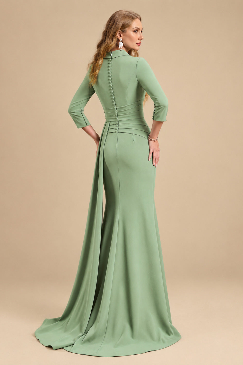 Rutipo Celadon V-Neck Sleeves High Waist Elastic Satin Sheath/Column Evening Dresses