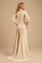 Rutipo Champagne V-Neck Sleeves High Waist Elastic Satin Sheath/Column Evening Dresses