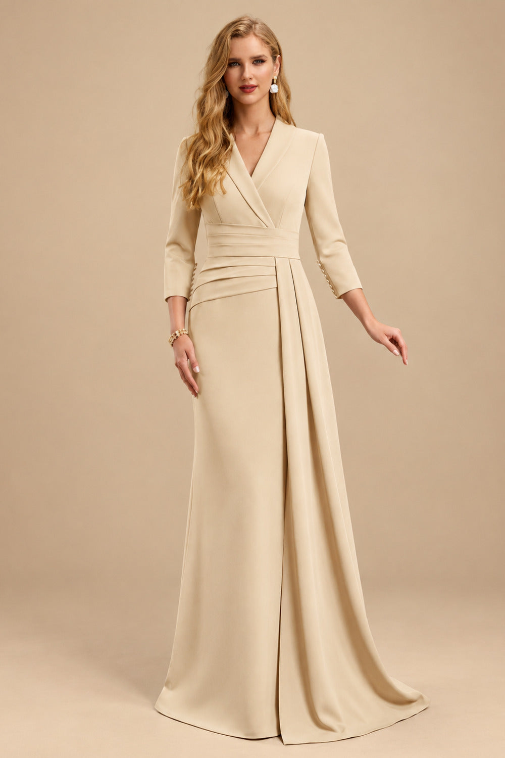 Rutipo Champagne V-Neck Sleeves High Waist Elastic Satin Sheath/Column Evening Dresses