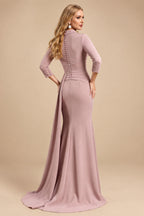 Rutipo Dusty Rose V-Neck Sleeves High Waist Elastic Satin Sheath/Column Evening Dresses