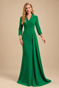 Rutipo Forest Green V-Neck Sleeves High Waist Elastic Satin Sheath/Column Evening Dresses