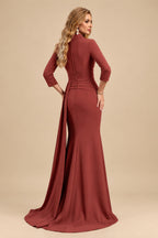 Rutipo Vermilion V-Neck Sleeves High Waist Elastic Satin Sheath/Column Evening Dresses