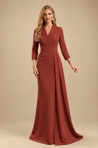 Rutipo Vermilion V-Neck Sleeves High Waist Elastic Satin Sheath/Column Evening Dresses