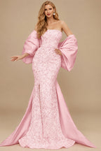 Rutipo Blushing Pink Trumpet/Mermaid Off-The-Shoulder Sequined Evening Dresses With Split Front
