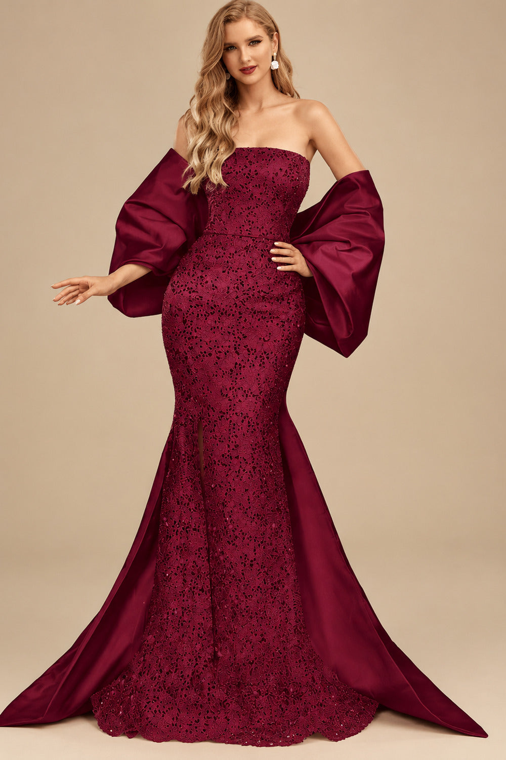 Rutipo Burgundy Trumpet/Mermaid Off-The-Shoulder Sequined Evening Dresses With Split Front