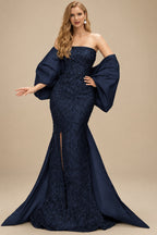 Rutipo Dark Navy Trumpet/Mermaid Off-The-Shoulder Sequined Evening Dresses With Split Front