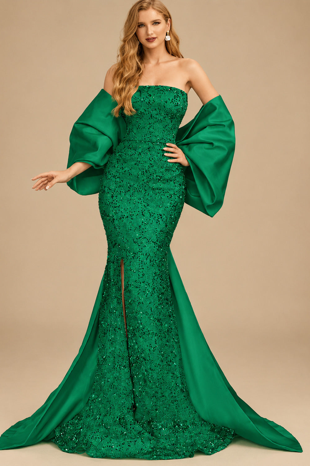 Rutipo Forest Green Trumpet/Mermaid Off-The-Shoulder Sequined Evening Dresses With Split Front