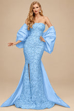 Rutipo Sky Blue Trumpet/Mermaid Off-The-Shoulder Sequined Evening Dresses With Split Front
