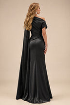 Rutipo Black Sheath/Column Asymmetrical Short Sleeves Crepe Satin Evening Dresses