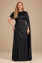 Rutipo Black Sheath/Column Asymmetrical Short Sleeves Crepe Satin Evening Dresses