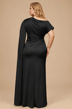 Rutipo Black Sheath/Column Asymmetrical Short Sleeves Crepe Satin Evening Dresses