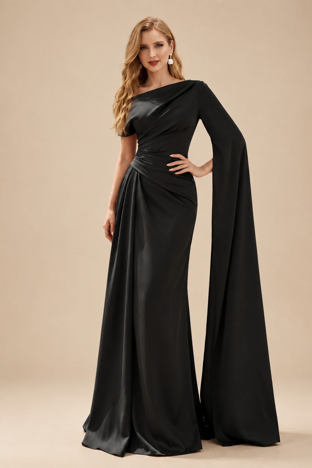 Rutipo Black Sheath/Column Asymmetrical Short Sleeves Crepe Satin Evening Dresses