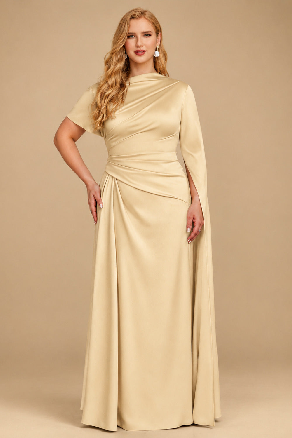 Rutipo Champagne Sheath/Column Asymmetrical Short Sleeves Crepe Satin Evening Dresses