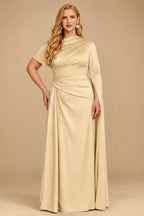 Rutipo Champagne Sheath/Column Asymmetrical Short Sleeves Crepe Satin Evening Dresses