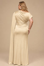 Rutipo Champagne Sheath/Column Asymmetrical Short Sleeves Crepe Satin Evening Dresses