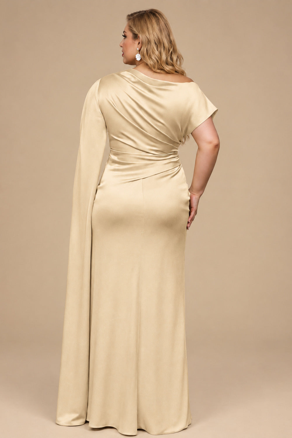 Rutipo Champagne Sheath/Column Asymmetrical Short Sleeves Crepe Satin Evening Dresses