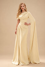 Rutipo Champagne Sheath/Column Asymmetrical Short Sleeves Crepe Satin Evening Dresses