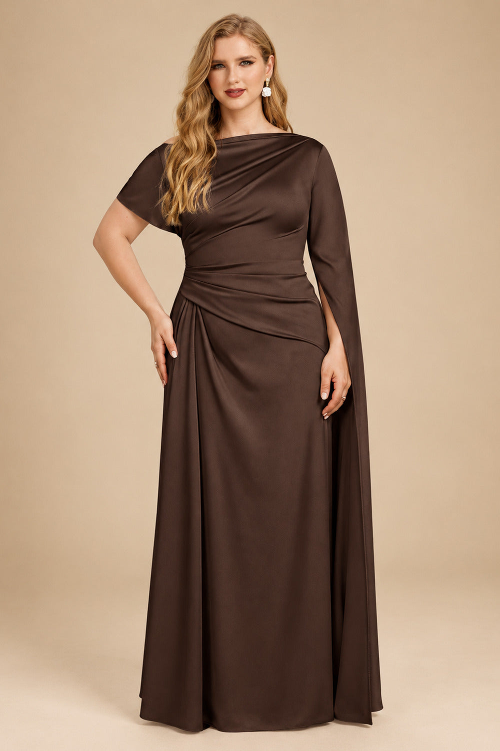 Rutipo Chocolate Sheath/Column Asymmetrical Short Sleeves Crepe Satin Evening Dresses