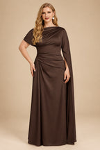 Rutipo Chocolate Sheath/Column Asymmetrical Short Sleeves Crepe Satin Evening Dresses