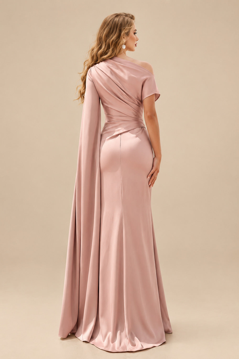 Rutipo Dusty Rose Sheath/Column Asymmetrical Short Sleeves Crepe Satin Evening Dresses