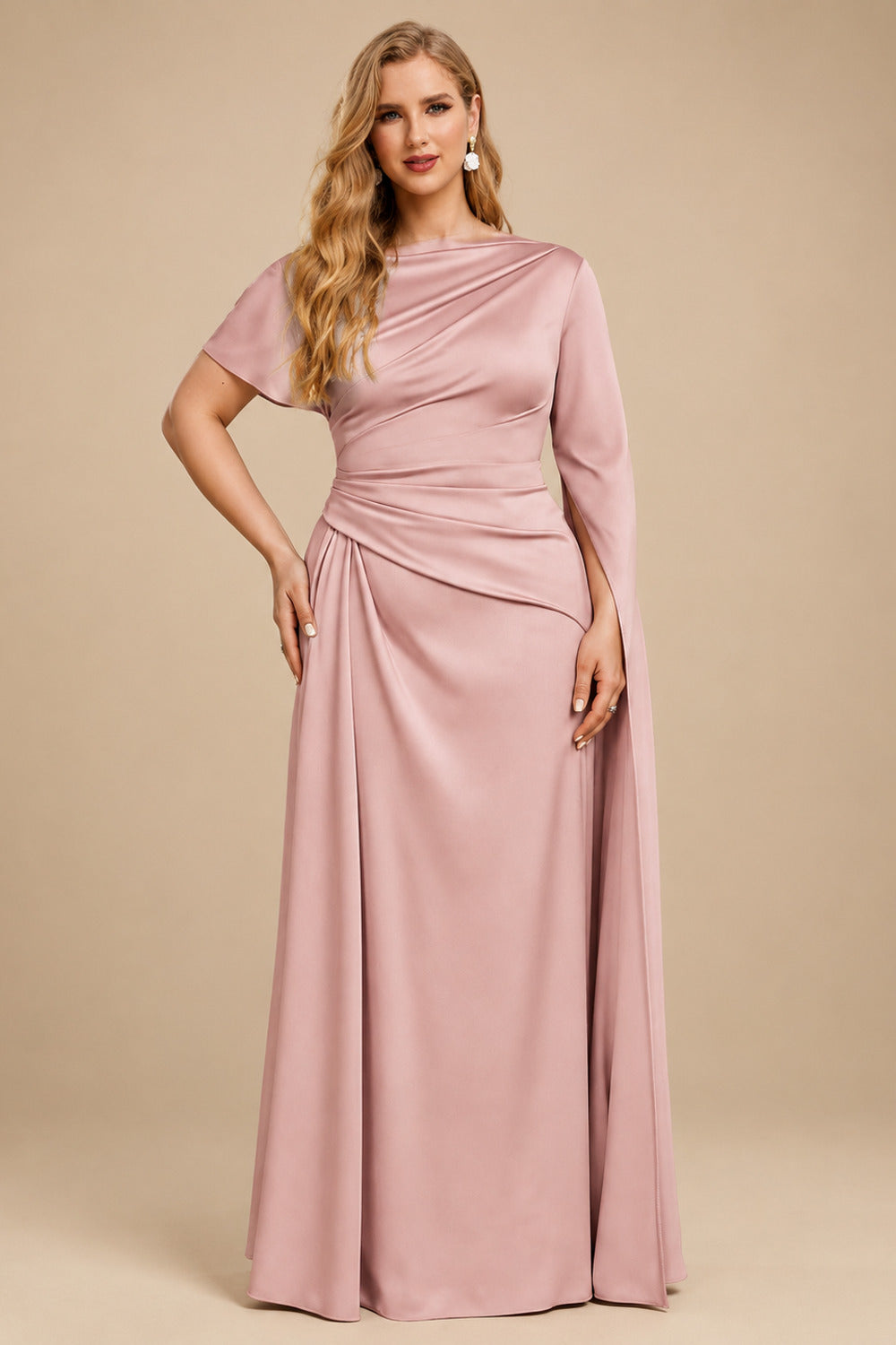 Rutipo Dusty Rose Sheath/Column Asymmetrical Short Sleeves Crepe Satin Evening Dresses