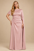 Rutipo Dusty Rose Sheath/Column Asymmetrical Short Sleeves Crepe Satin Evening Dresses