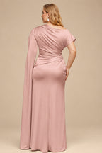 Rutipo Dusty Rose Sheath/Column Asymmetrical Short Sleeves Crepe Satin Evening Dresses
